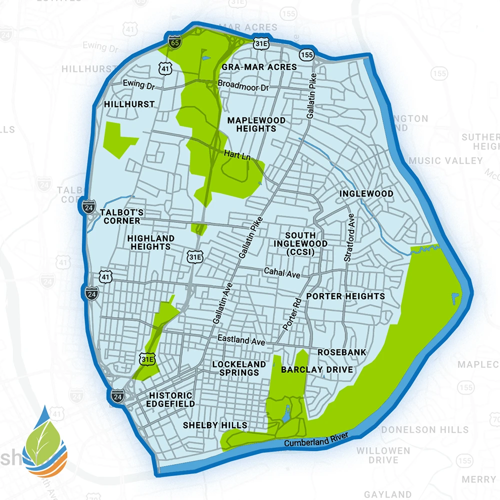 Map of Cumberland Cooling East Nashville service area