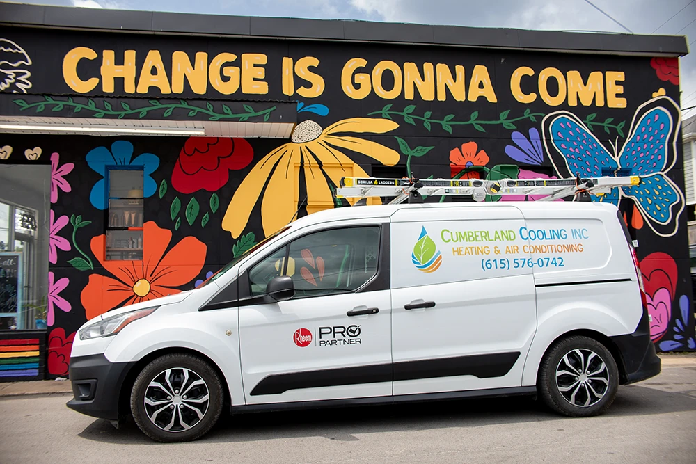 Cumberland Cooling van in front of East Nashville mural Change is Gonna Come