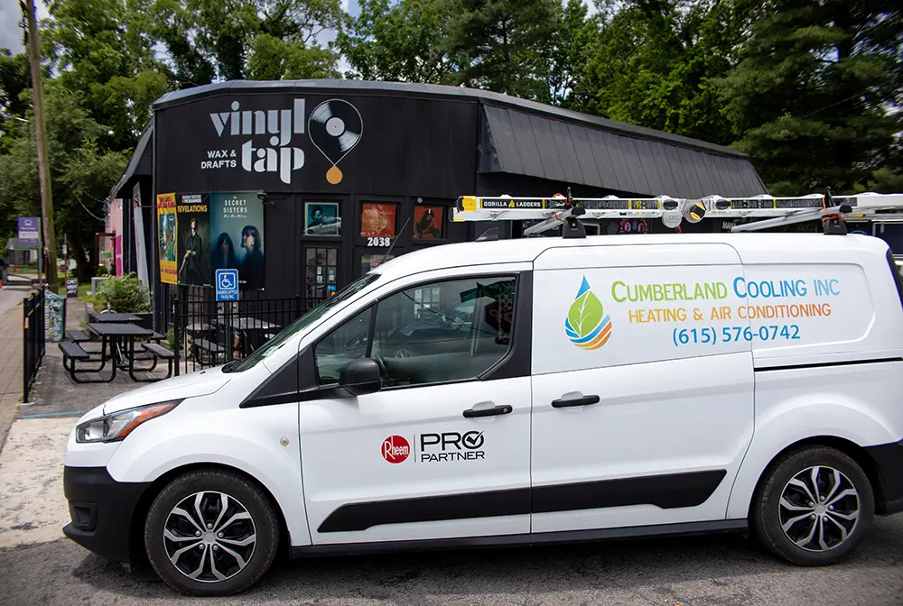 Cumberland Cooling van parked outside of Vinal Tap in East Nashville