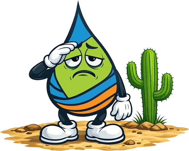 Dewey in the desert standing next to a cactus and wiping his brow