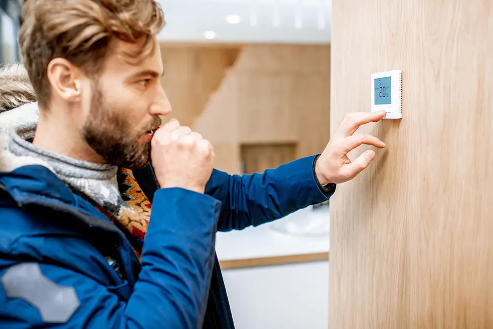 Man in jacket inside cold house adjusting the thermostat